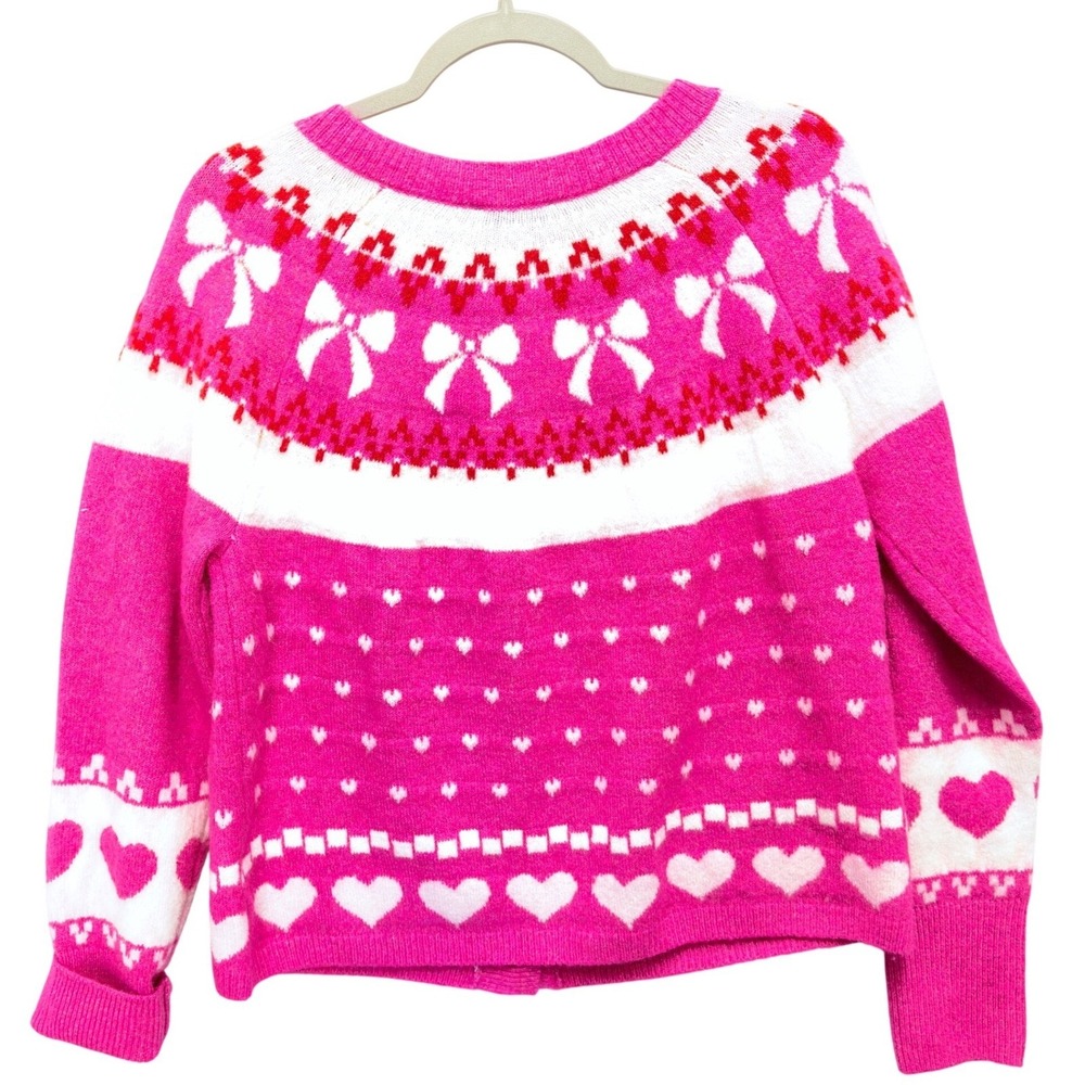 CeCe Hot Pink women's White Heart Pattern Knit Cardigan Sweater Button‎ Front M